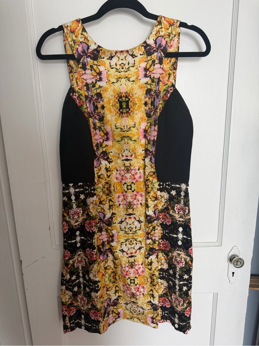 Donna Morgan Yellow Floral Panel Dress with Black Sides